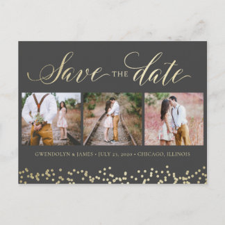Faux Sparkle 3 Photo Save the Date Postcard