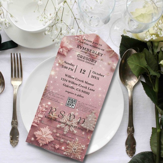 Faux Sparkle Shimmer Pink Silver Christmas QR Code All In One Invitation (Creator Uploaded)