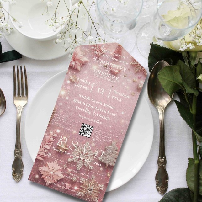 Faux Sparkle Shimmer Pink Silver Winter Christmas  All In One Invitation (Creator Uploaded)