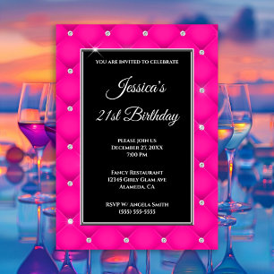 Faux Sparkly Diamond Tufted Hot Pink 21st Birthday Invitation
