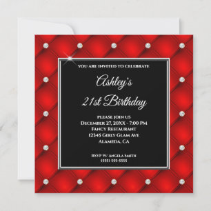 Faux Sparkly Diamond Tufted Red 21st Birthday Invitation