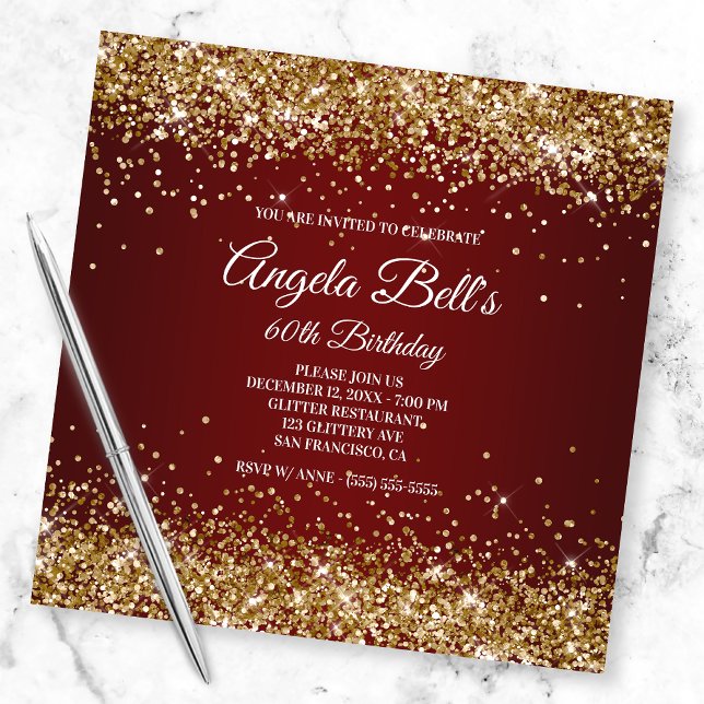 Faux Sparkly Gold Glitter Burgundy Ombre Invitation (Creator Uploaded)