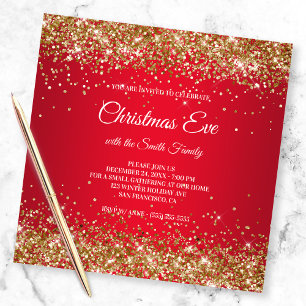 Faux Sparkly Gold Glitter Christmas Red Invitation