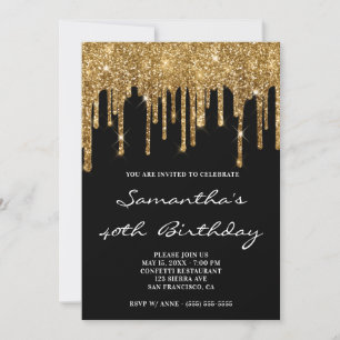 Faux Sparkly Gold Glitter Drips Black Birthday Invitation