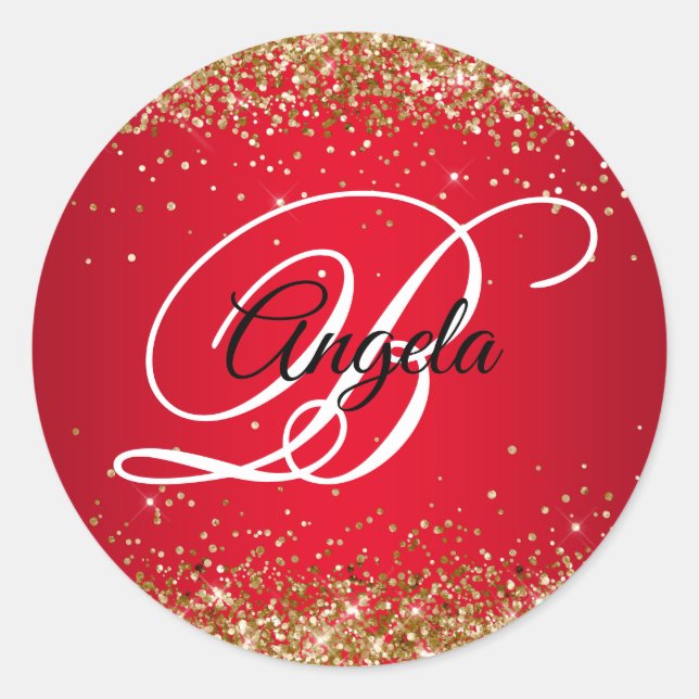 Faux Sparkly Gold Glitter Red Ombre Monogram Classic Round Sticker (Front)