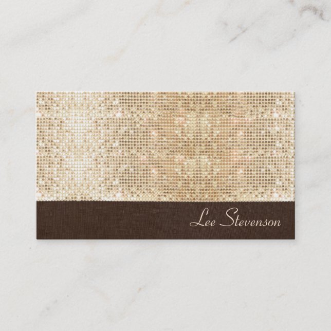 FAUX Sparkly Gold Sequins and Brown Linen Look Business Card (Front)