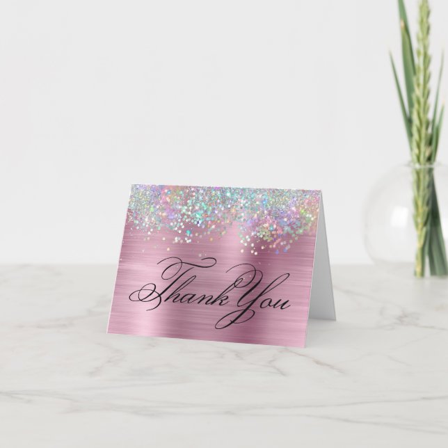 Faux Sparkly Holographic Glitter Pink Foil Thank You Card (Front)