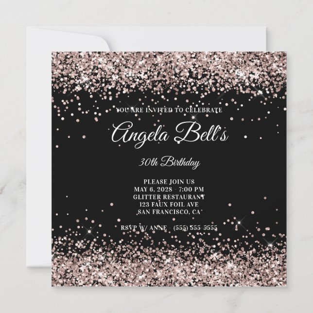 Faux Sparkly Pink Champagne Glitter Black Invitation (Back)