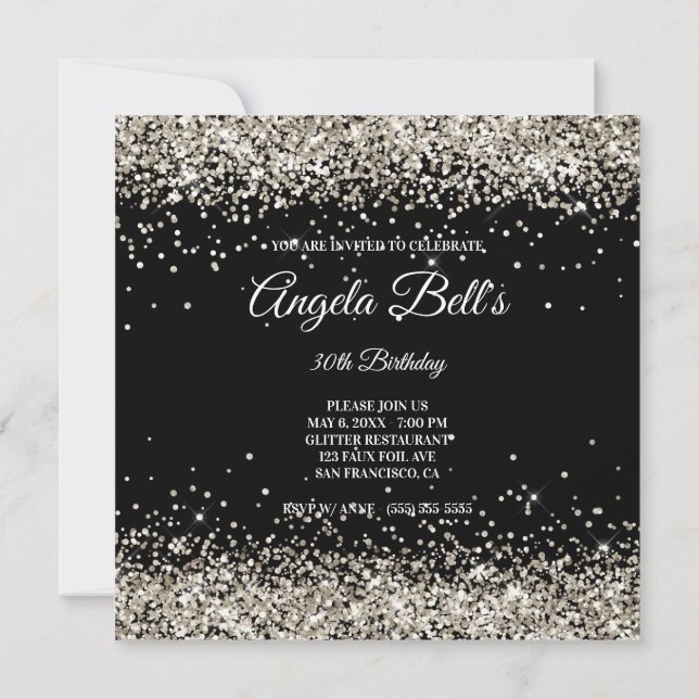 Faux Sparkly Platinum Glitter Black Invitation (Back)