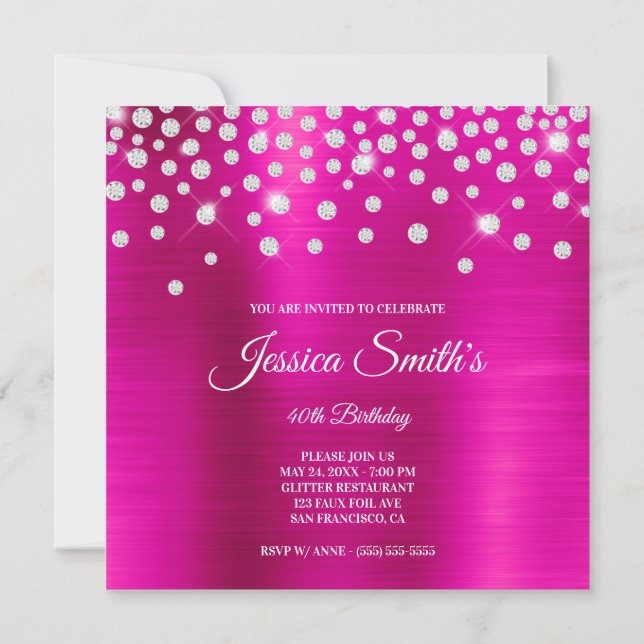 Faux Sparkly Rhinestone Hot Pink Foil Monogram Invitation (Back)
