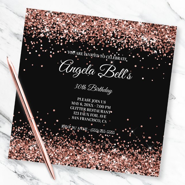 Faux Sparkly Rose Gold Glitter Black Invitation (Creator Uploaded)