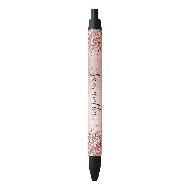 Faux Sparkly Rose Gold Glitter Blush Ombre Foil Black Ink Pen (Front Vertical)