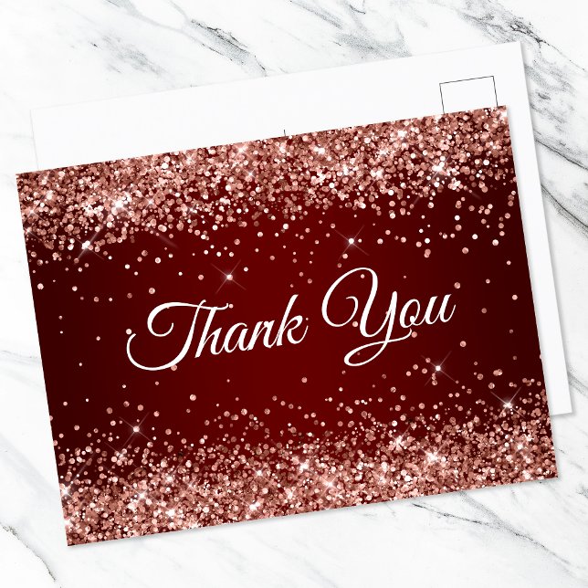 Faux Sparkly Rose Gold Glitter Burgundy Thank You Postcard (Creator Uploaded)