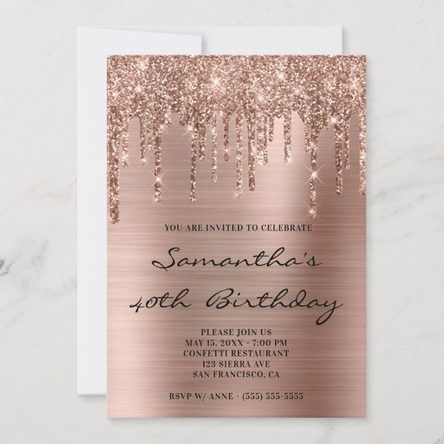 Faux Sparkly Rose Gold Glitter Drips Foil Birthday Invitation (Front)