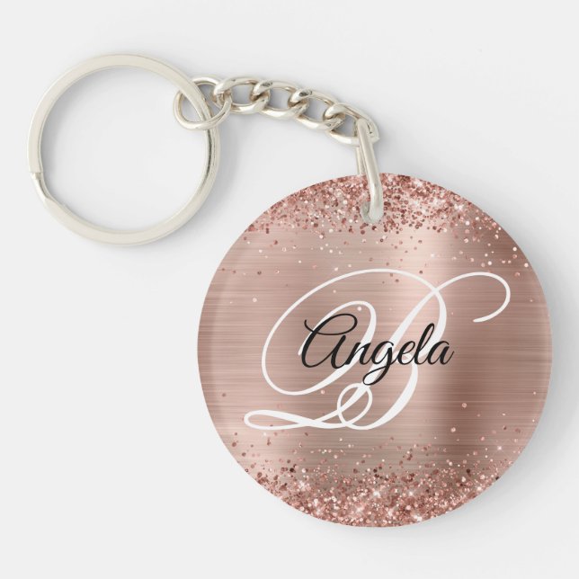 Faux Sparkly Rose Gold Glitter Foil Monogrammed Key Ring (Front)