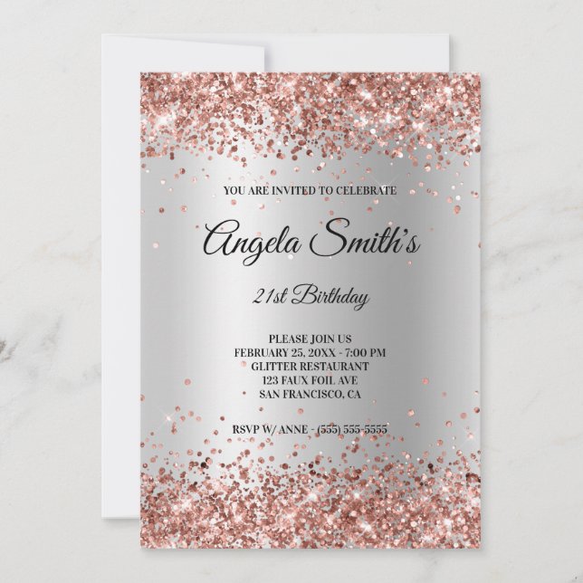 Faux Sparkly Rose Gold Glitter Silver Foil Invitation (Front)