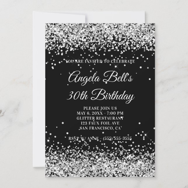 Faux Sparkly Silver Glitter Black 30th Birthday Invitation (Back)