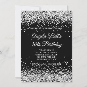 Faux Sparkly Silver Glitter Black 30th Birthday Invitation