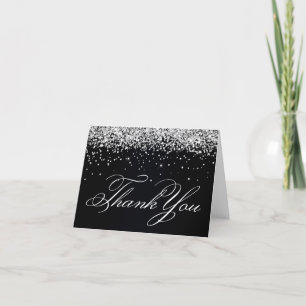 Faux Sparkly Silver Glitter Black Thank You Card