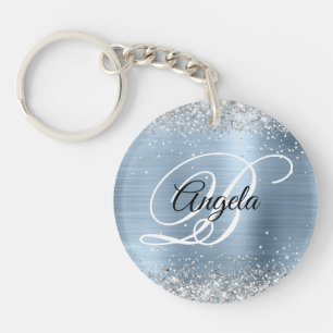 Faux Sparkly Silver Glitter Blue Foil Monogram Key Ring