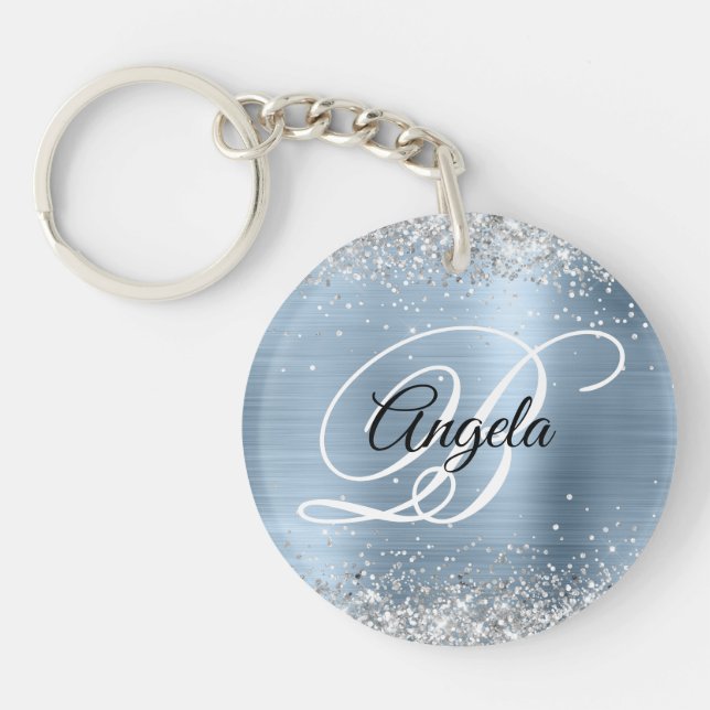 Faux Sparkly Silver Glitter Blue Foil Monogram Key Ring (Front)