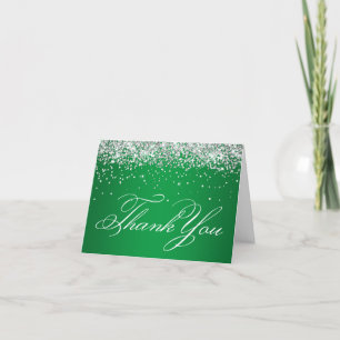 Faux Sparkly Silver Glitter Bright Green Thank You Card