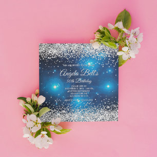 Faux Sparkly Silver Glitter Celestial Blue Invitation
