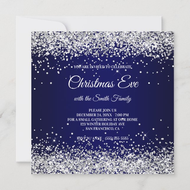 Faux Sparkly Silver Glitter Christmas Navy Blue Invitation (Back)