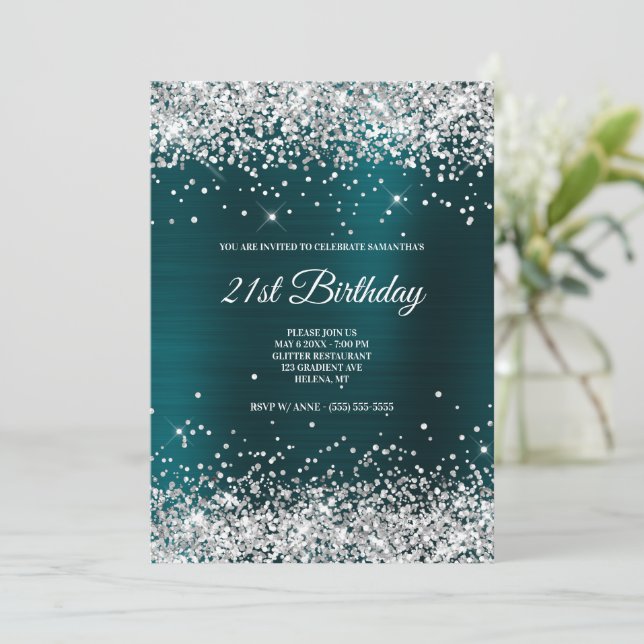 Faux Sparkly Silver Glitter Dark Turquoise Foil Invitation (Standing Front)