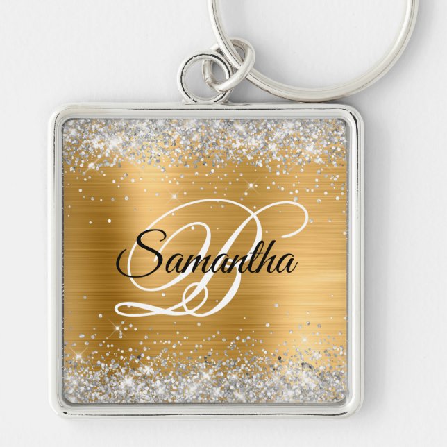Faux Sparkly Silver Glitter Gold Foil Monogram Key Ring (Front)