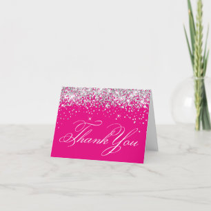 Faux Sparkly Silver Glitter Hot Pink Thank You Card