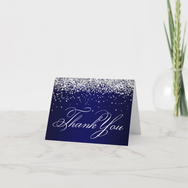 Faux Sparkly Silver Glitter Navy Blue Thank You Card (Front)