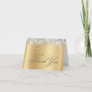 Faux Sparkly Silver Glitter Pale Gold Foil Thank You Card
