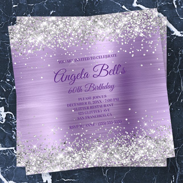 Faux Sparkly Silver Glitter Purple Brushed Foil Invitation (Creator Uploaded)