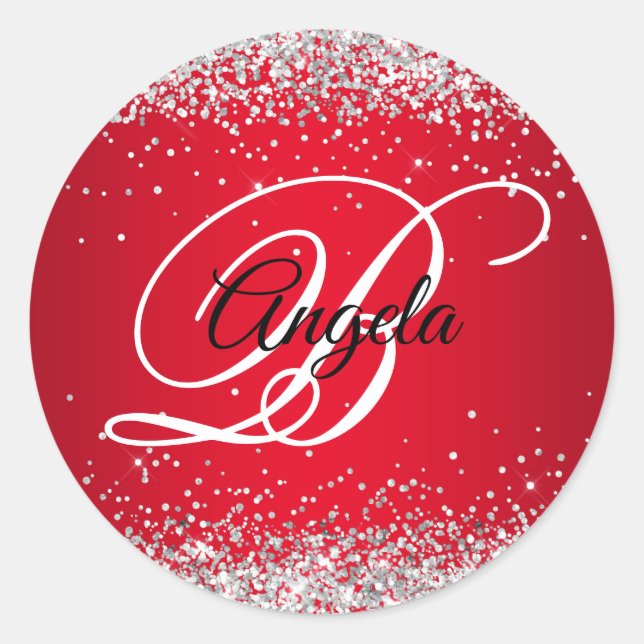 Faux Sparkly Silver Glitter Red Ombre Monogram Classic Round Sticker (Front)