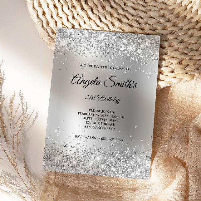 Faux Sparkly Silver Glitter Satin Foil Invitation (Create your own silver glitter birthday invites.)