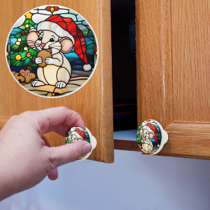 Faux Stained Glass Christmas Mouse Eating Cookie Ceramic Knob
