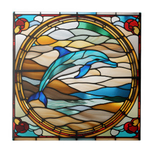 Faux Stained Glass Dolphin Ceramic Tile