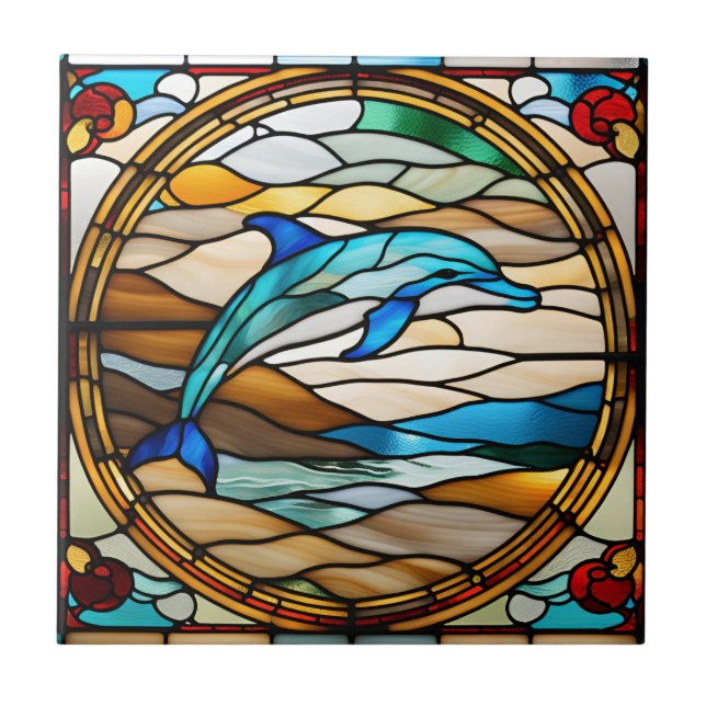 Faux Stained Glass Dolphin Ceramic Tile (Front)