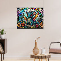 Faux Stained Glass Dragon with Flowers Poster