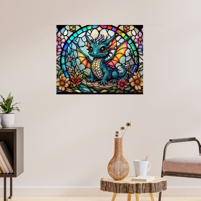 Faux Stained Glass Dragon with Flowers Poster (Living Room 3)