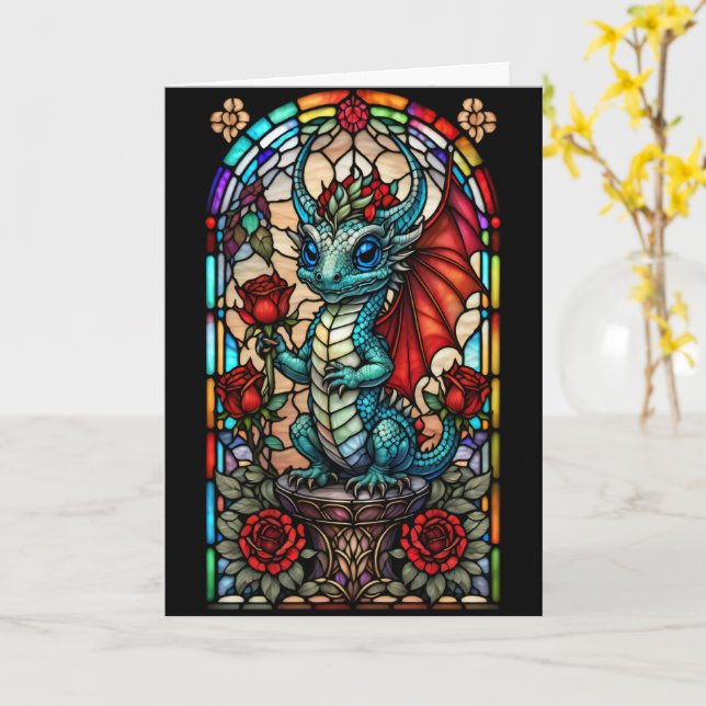 Faux Stained Glass Dragon with Rose Card (Yellow Flower)