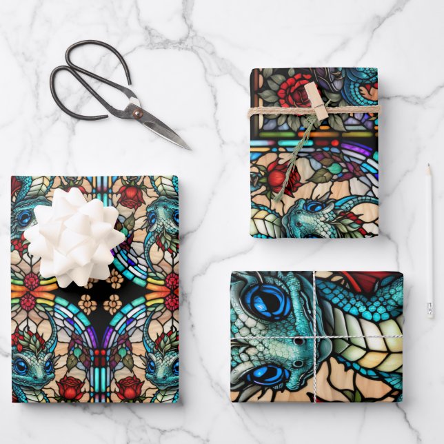 Faux Stained Glass Dragon with Rose Wrapping Paper Sheet (Front)