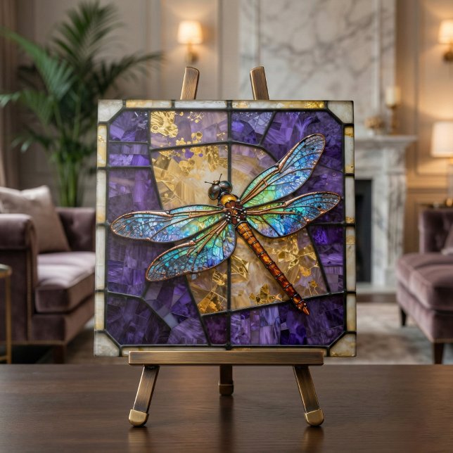 Faux Stained Glass Dragonfly Purple Gold Mosaic Ceramic Tile (Creator Uploaded)