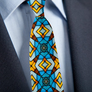 Faux Stained Glass Gold and Blue Necktie