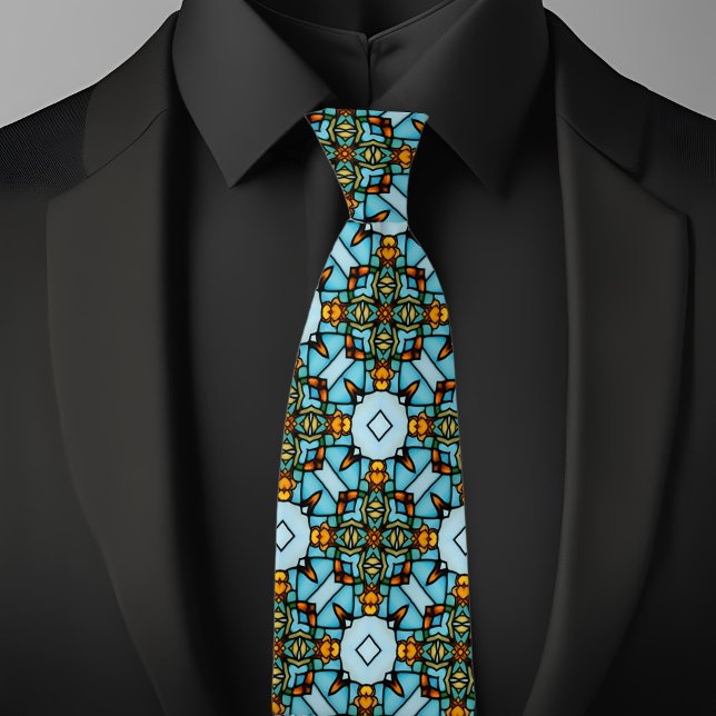 Faux Stained Glass Gold Blue Argyle Net Necktie (Creator Uploaded)