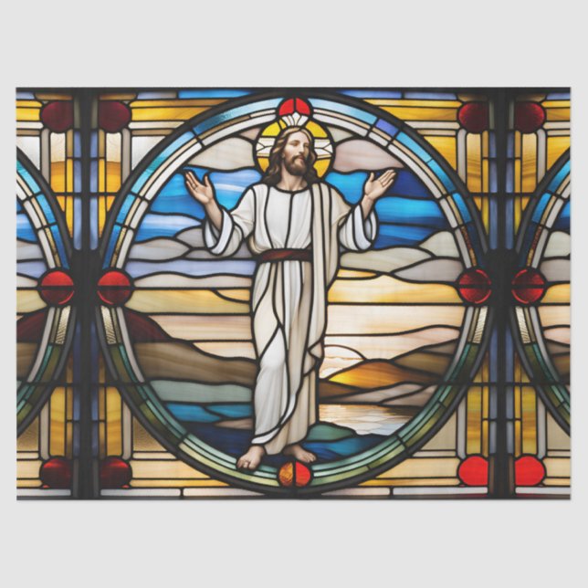 Faux Stained Glass Jesus for Decoupage Craft Tissu Tissue Paper (Front)
