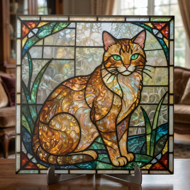 Faux Stained Glass Orange Ginger Tabby Cat Art Ceramic Tile (Creator Uploaded)