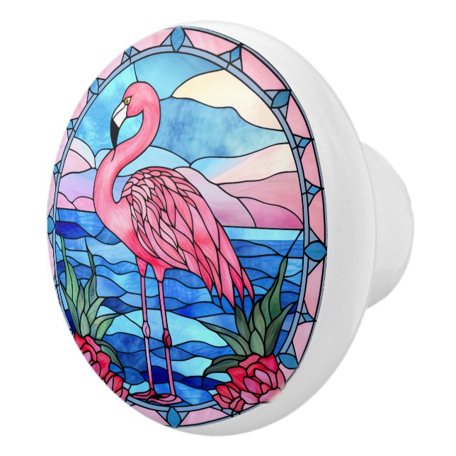 faux stained glass pink flam Ceramic pink flamingo Knob (Right)
