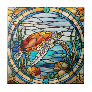 Faux Stained Glass Sea Turtle Ceramic Tile